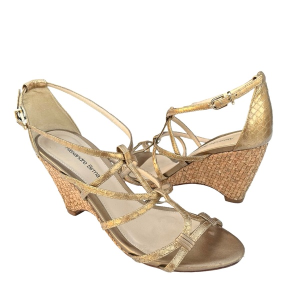 Alexandre Birman Metallic Gold Sandal Leather Strappy Woven Wedges Womens - Picture 1 of 14